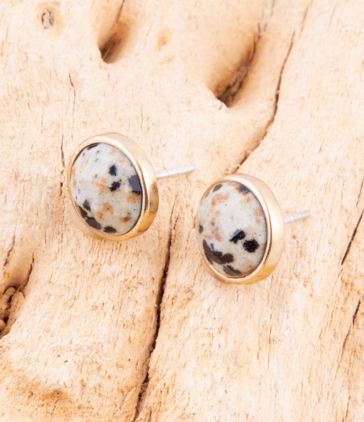 Dalmatian White and Black Jasper Golden Post Earrings