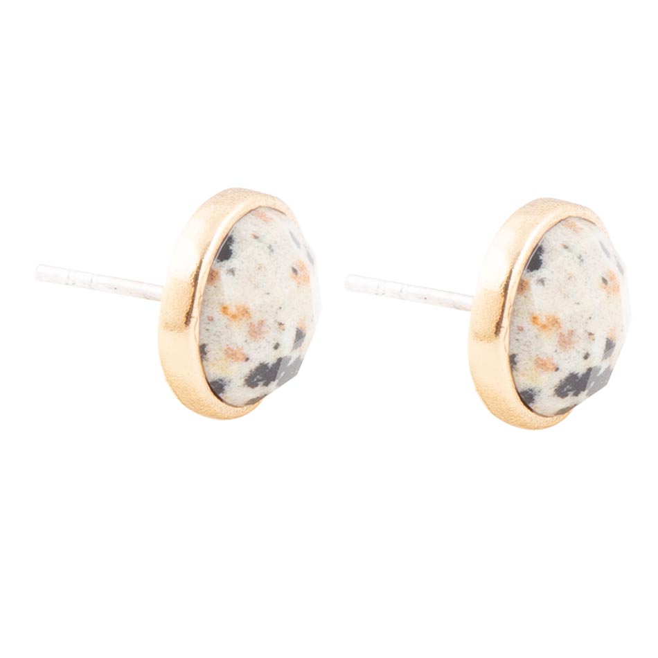 Dalmatian White and Black Jasper Golden Post Earrings