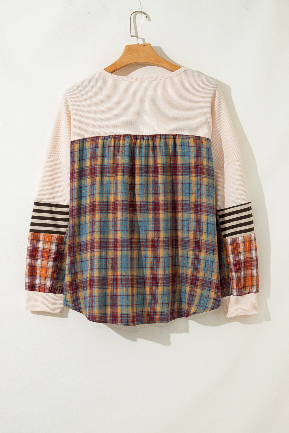 Plus Size Stripe Plaid Patchwork Waffle Top