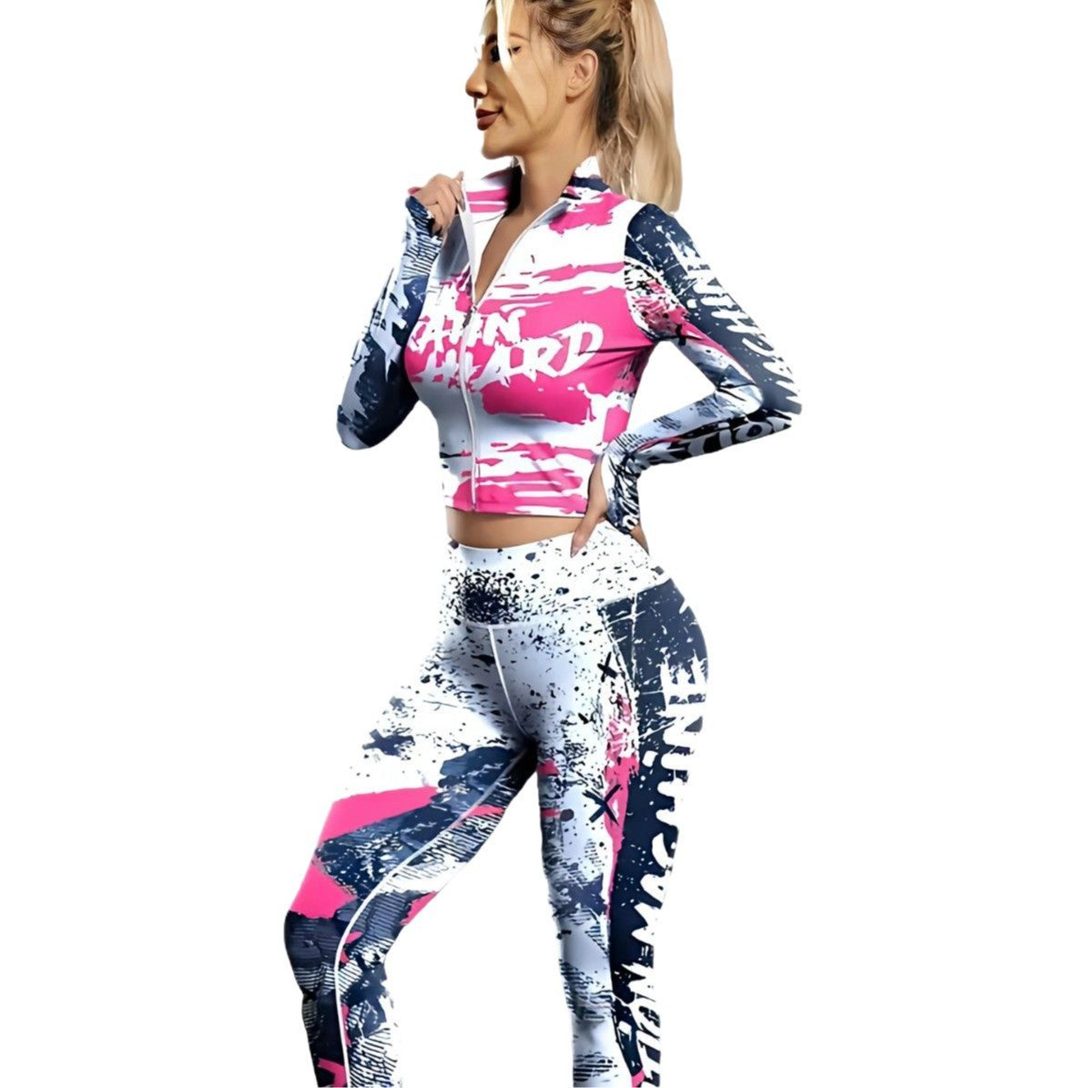 Printed Zipper Top Yoga Suit Set