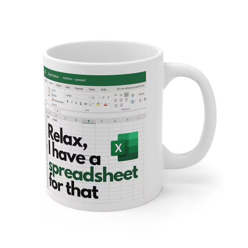 Spreadsheet-themed ceramic coffee mug