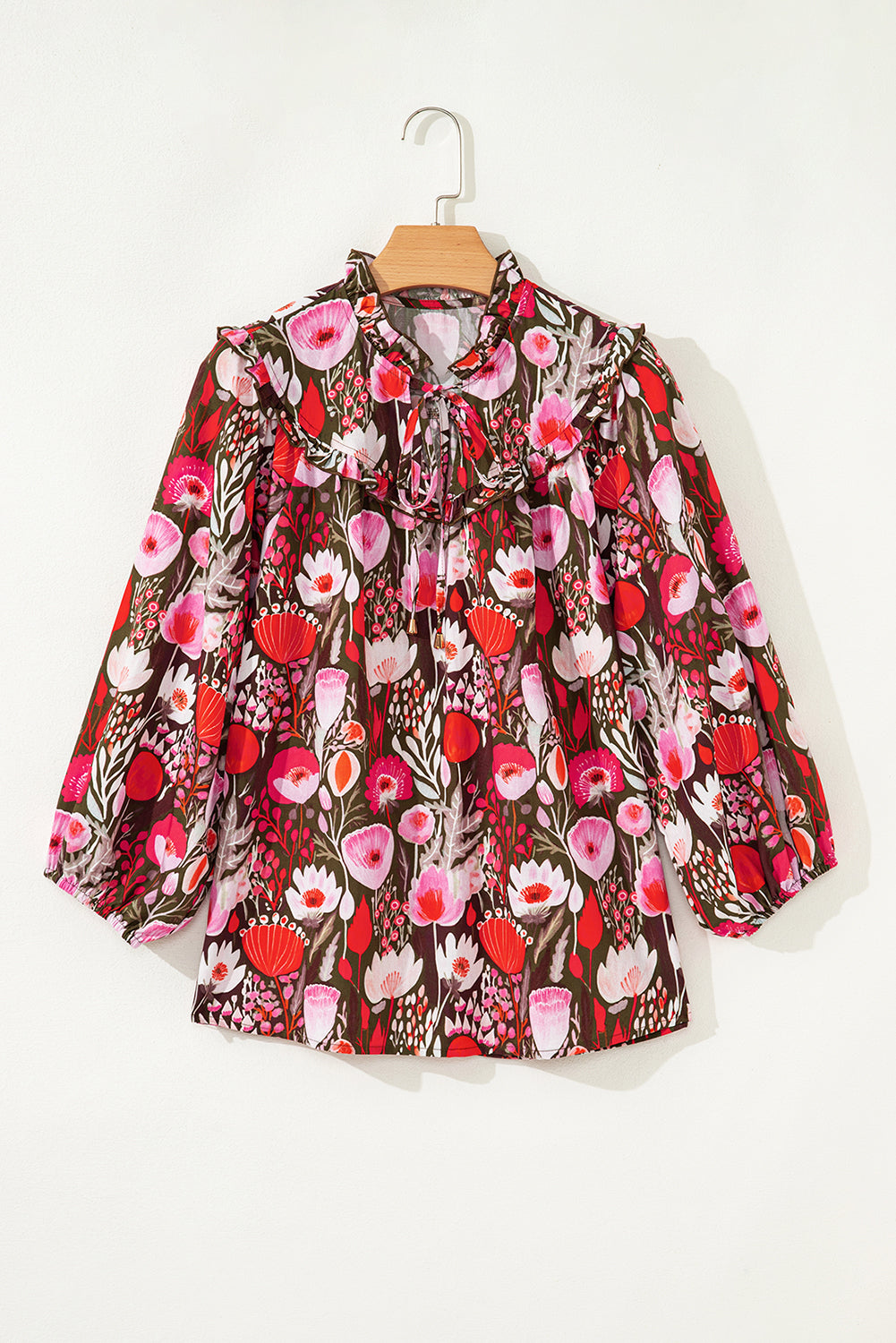 Floral 3/4 Sleeve Lace-Up Neck Blouse