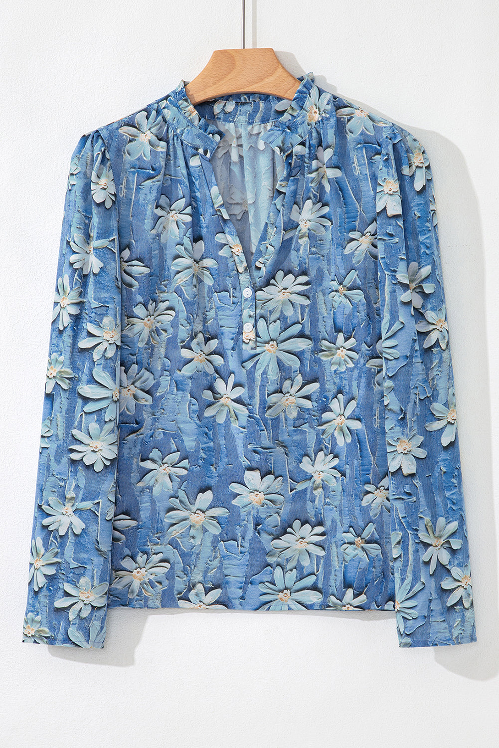 Floral Half Placket Collared V-Neck Blouse