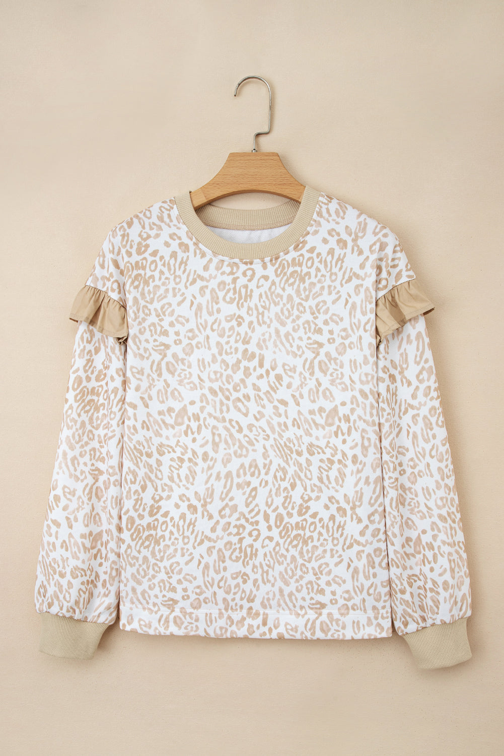 Leopard Ruffle Ribbed Trim Round Neck Sweatshirt