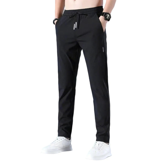 Men Fast Dry Stretch Pants Ice Silk Trousers Solid Color Mid-Waist Loose Breathable Straight-Leg Casual Pants Thin Sports Pants