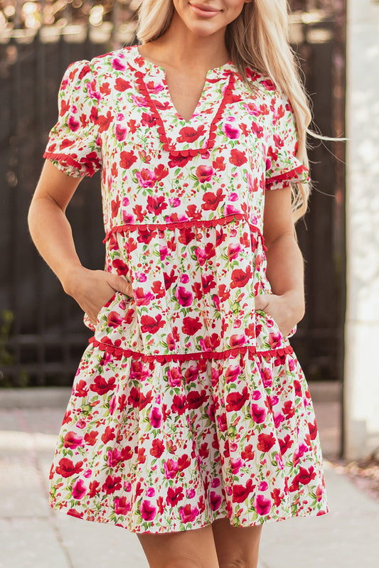 Floral Ricrac Puff Sleeve Pocketed Tiered Mini Dress