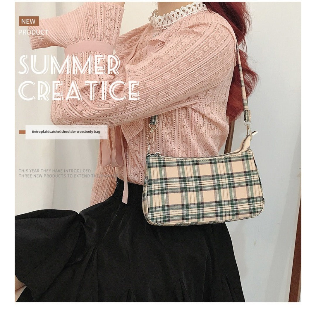 Summer simple orange plaid bag crescent small baguette bag hobo shoulder purse