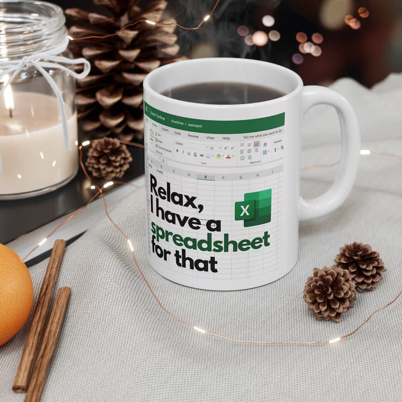 Spreadsheet-themed ceramic coffee mug