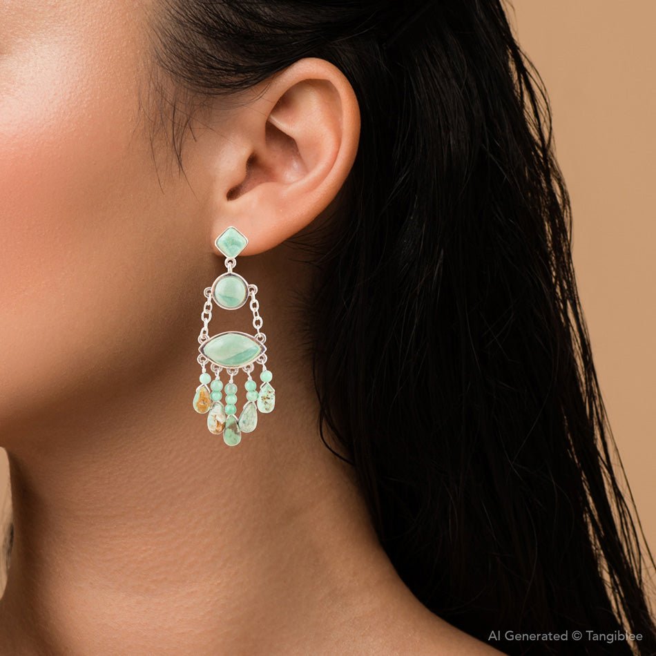 Deco Green Turquoise and Sterling Silver Chandelier Earrings