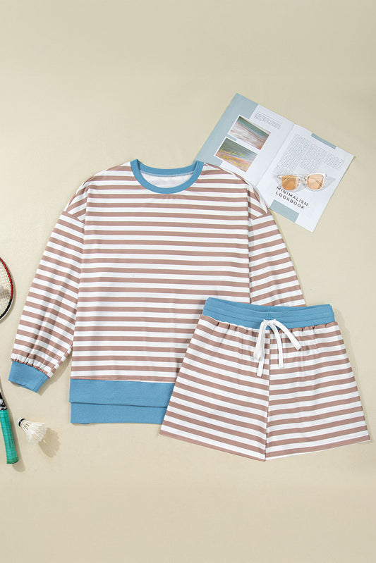 Plus Size Stripe Contrast Trim Pullover and Shorts Set