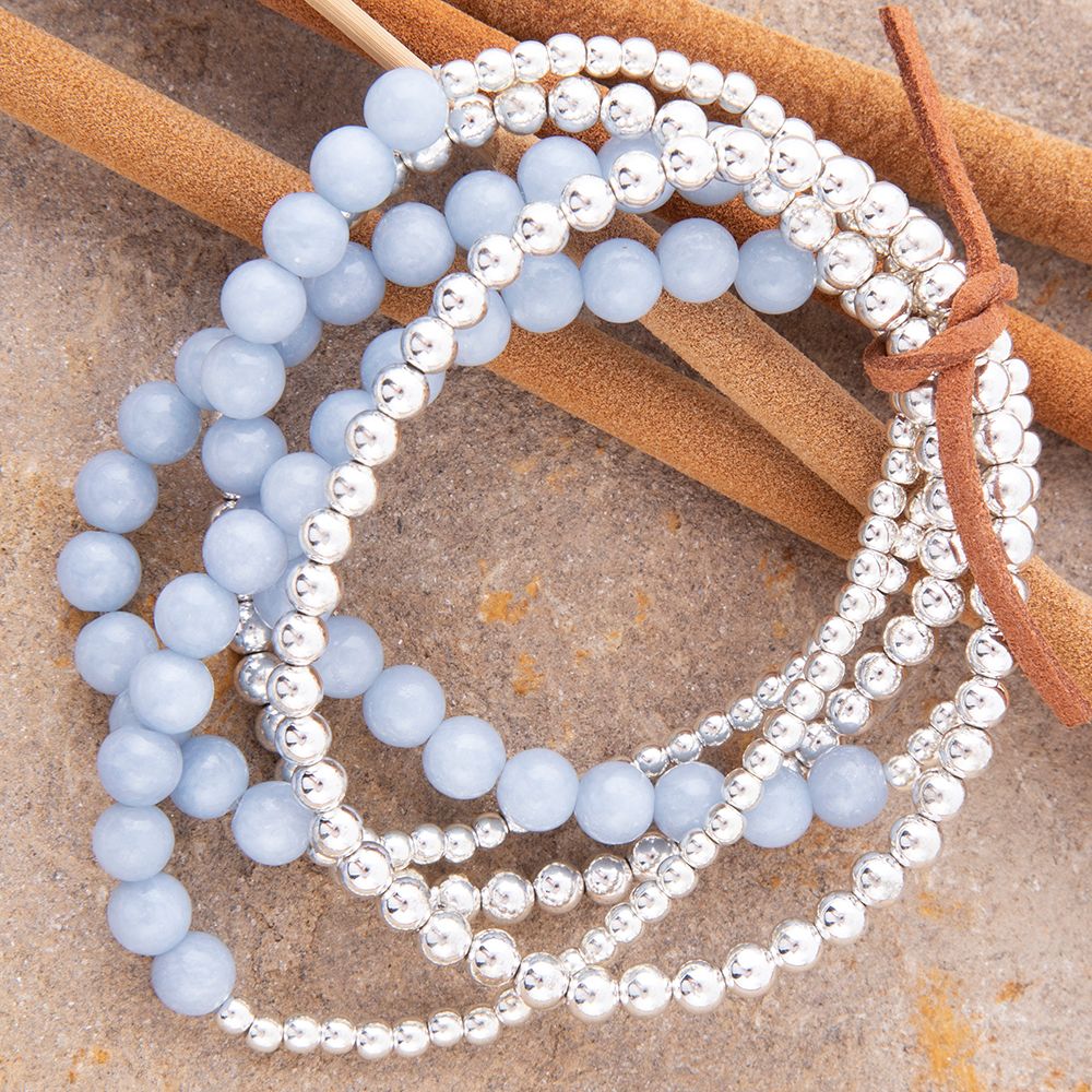 Denim Blue Angelite Silver Bracelet Set