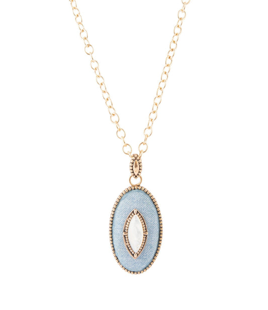 Blue Denim Dreams White Mother of Pearl Golden Pendant Necklace