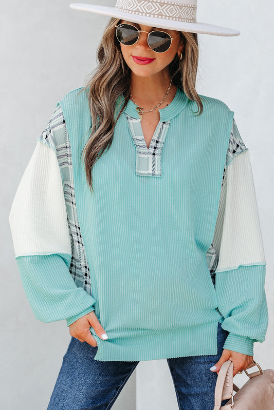 Plaid Colorblock Corded Patchwork Long Sleeve Top