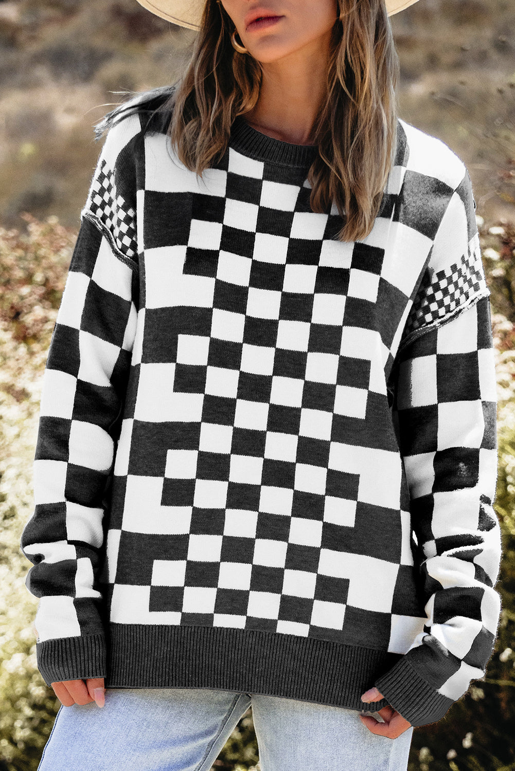 Checker Round Neck Drop Shoulder Sweater