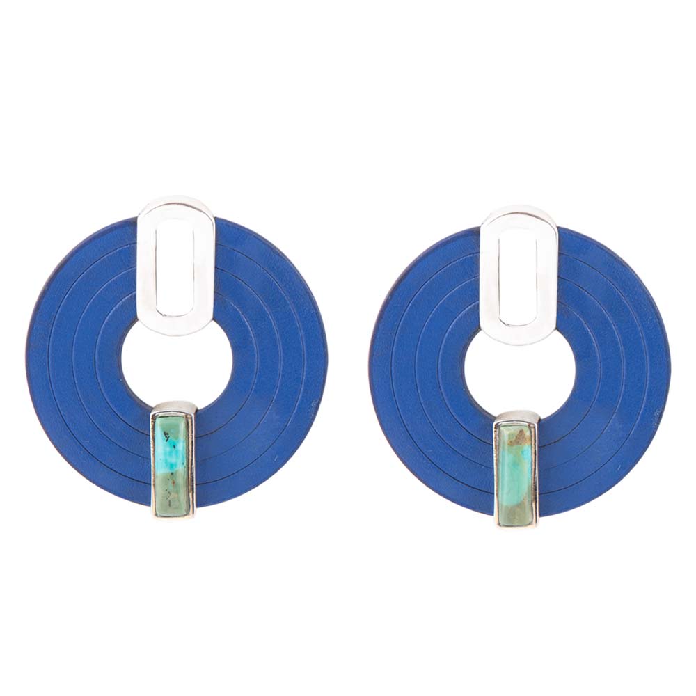 Discus Blue Turquoise and Leather Sterling Silver Earrings