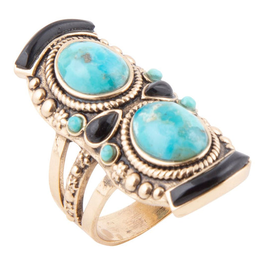Double Up Blue Turquoise and Black Onyx Golden Ring