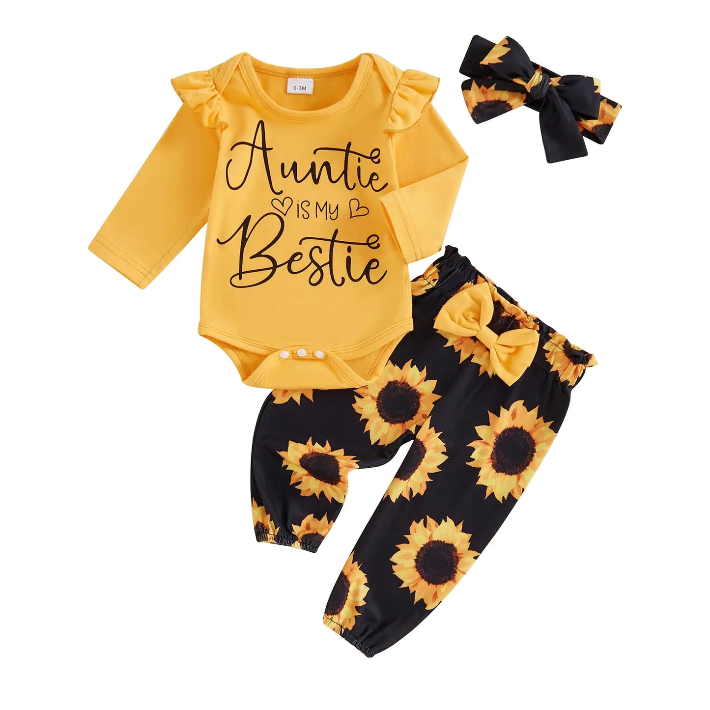 Newborn Baby Girl Clothes Aunties Bestie Infant Fall Winter Romper Floral Pants Cute Baby Girl Outfits 3PC Set (Yellow 0-3 Months) - # BAAA51210005