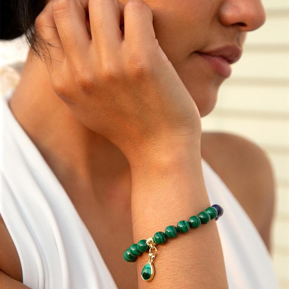 Dreamy Blue Lapis Green Malachite Charm  Golden Bracelet