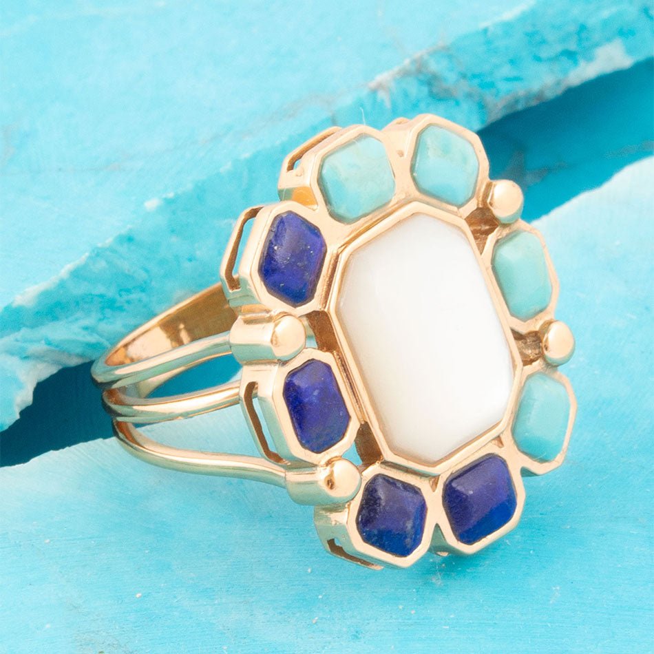 Dual Color Blue Lapis Turquoise and White Mother of Pearl Golden Ring