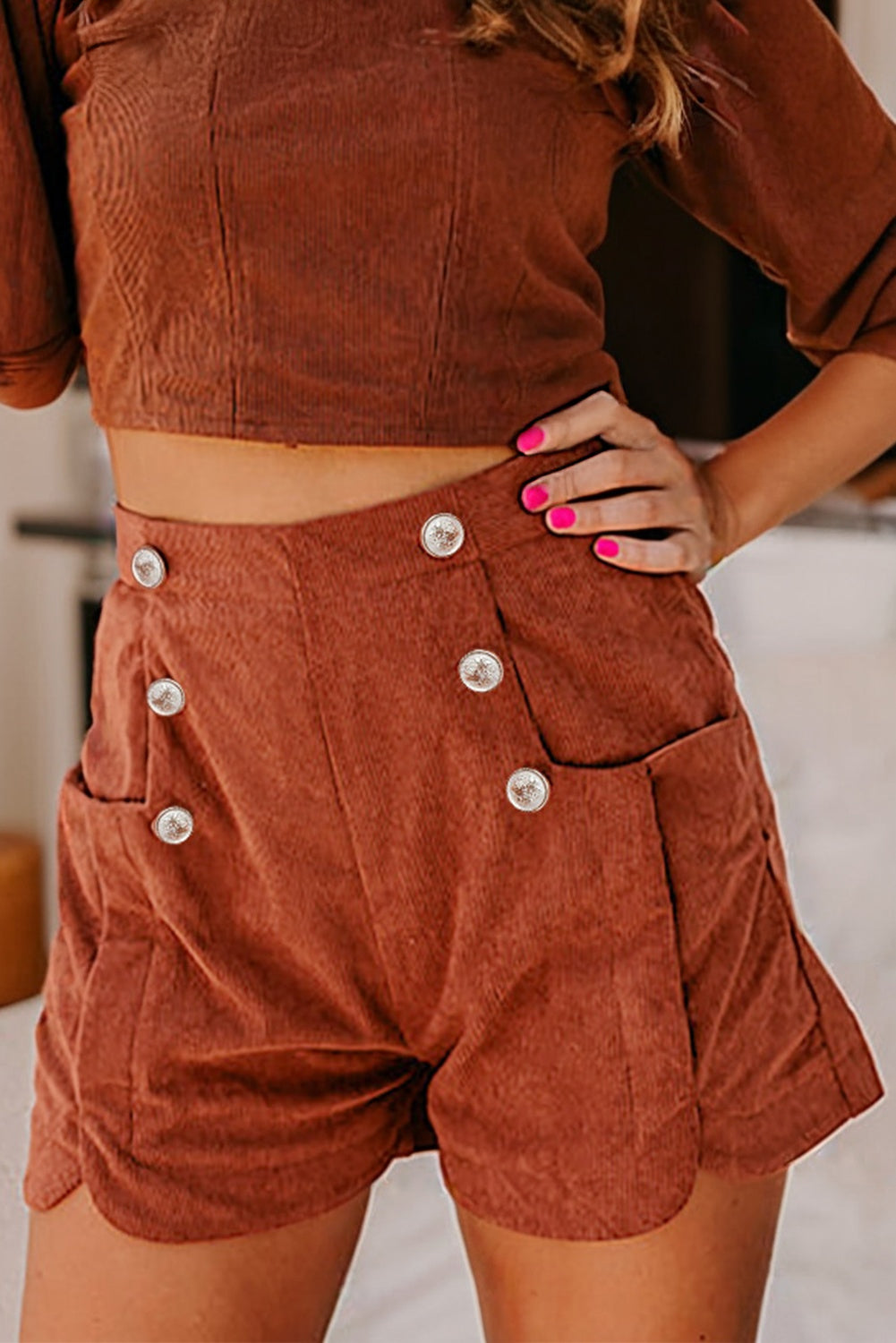 Corduroy Scalloped Edge High Waist Shorts