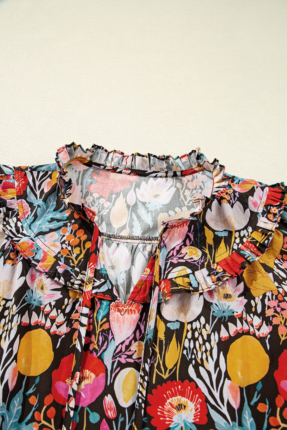 Floral 3/4 Puff Sleeve Tied Neck Blouse