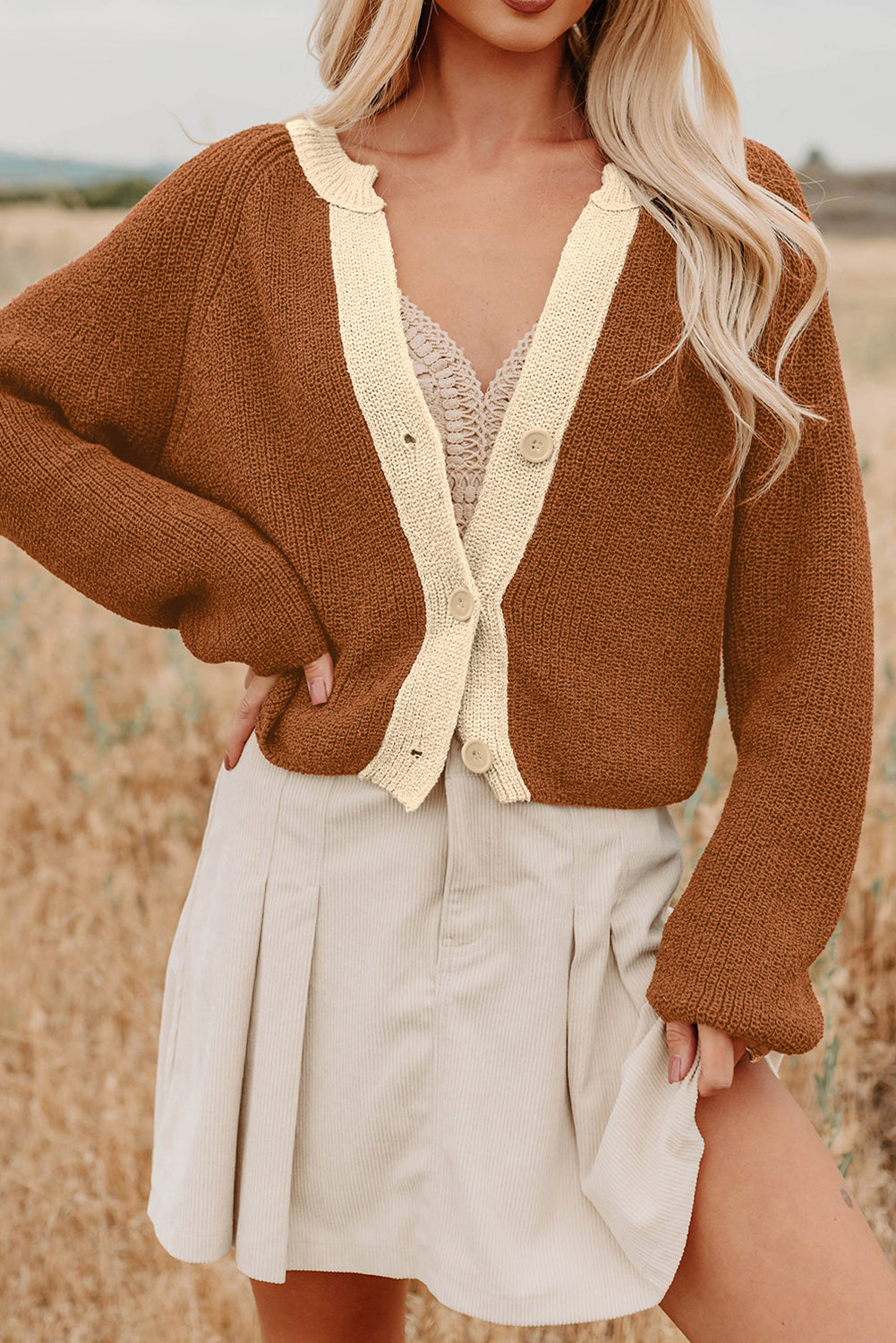 Contrast Trim Buttoned V-Neck Cropped Cardigan