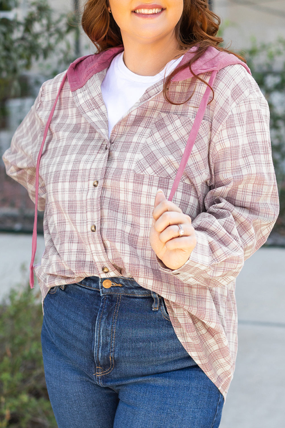 Plus Size Plaid Button-Up Chest Pocket Hooded Shirt