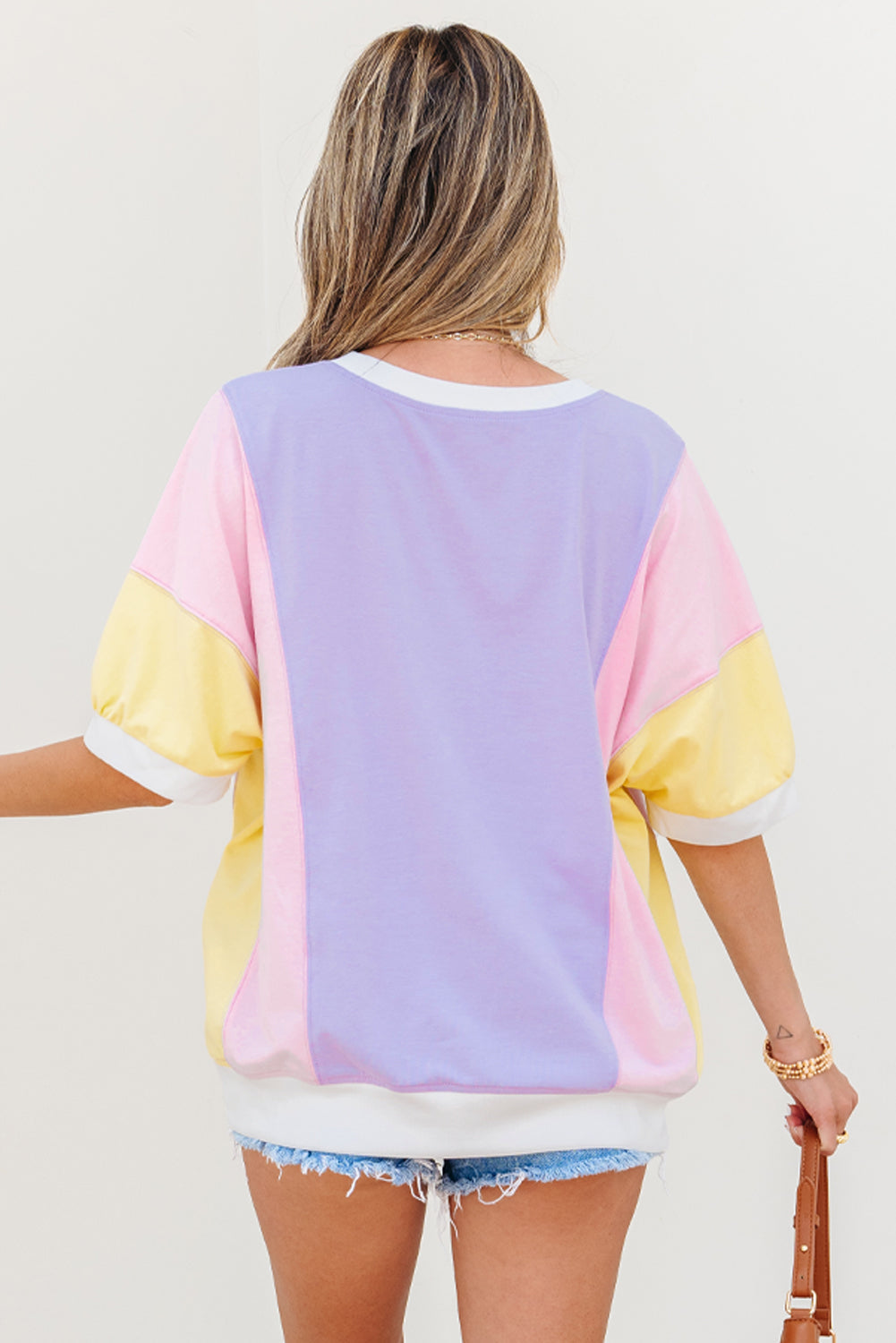 Colorblock Patchwork 3/4 Sleeve Chest Pocket T-Shirt