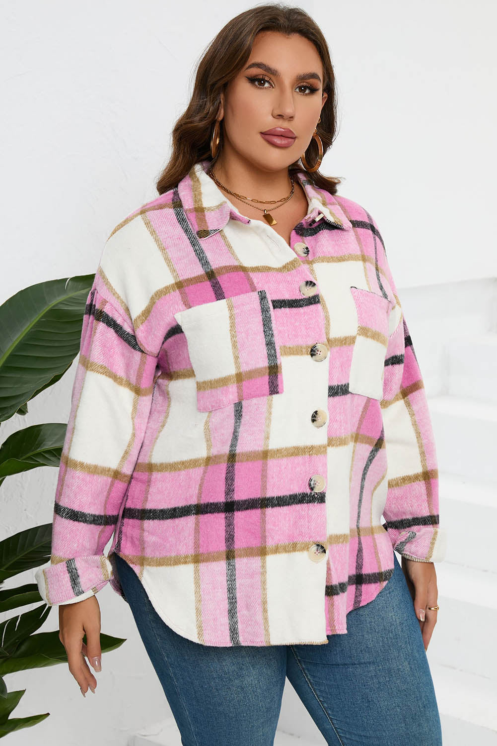 Plaid Button-Up Long Sleeve Pocketed Shacket