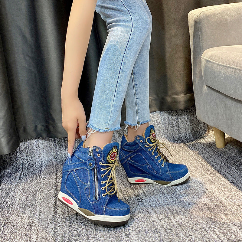 Women's Casual Denim Lace-Up Wedge Boots
