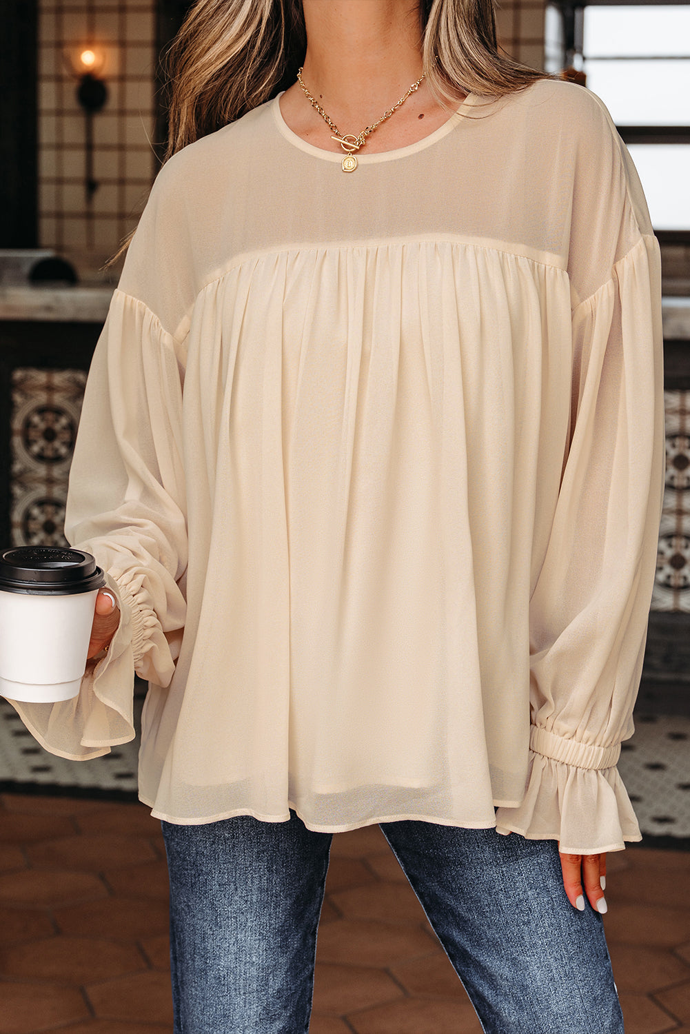 Solid Chiffon Pleated Ruffle Long Sleeve Blouse