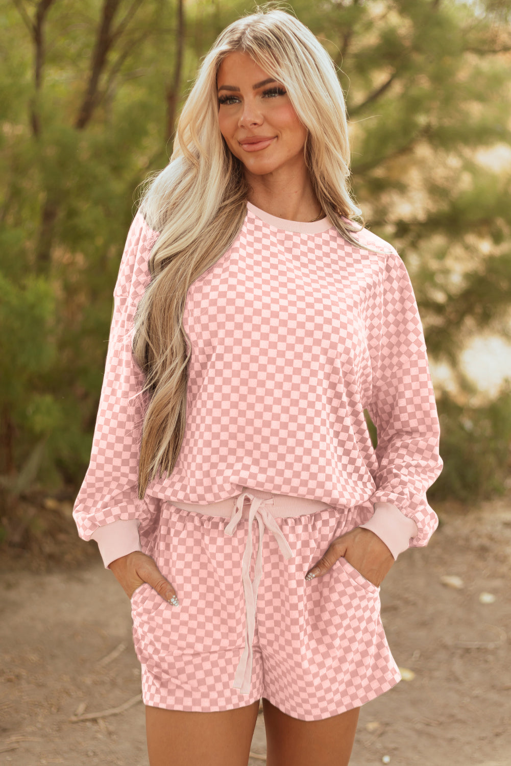 Checker Long Sleeve Pullover and Shorts Set