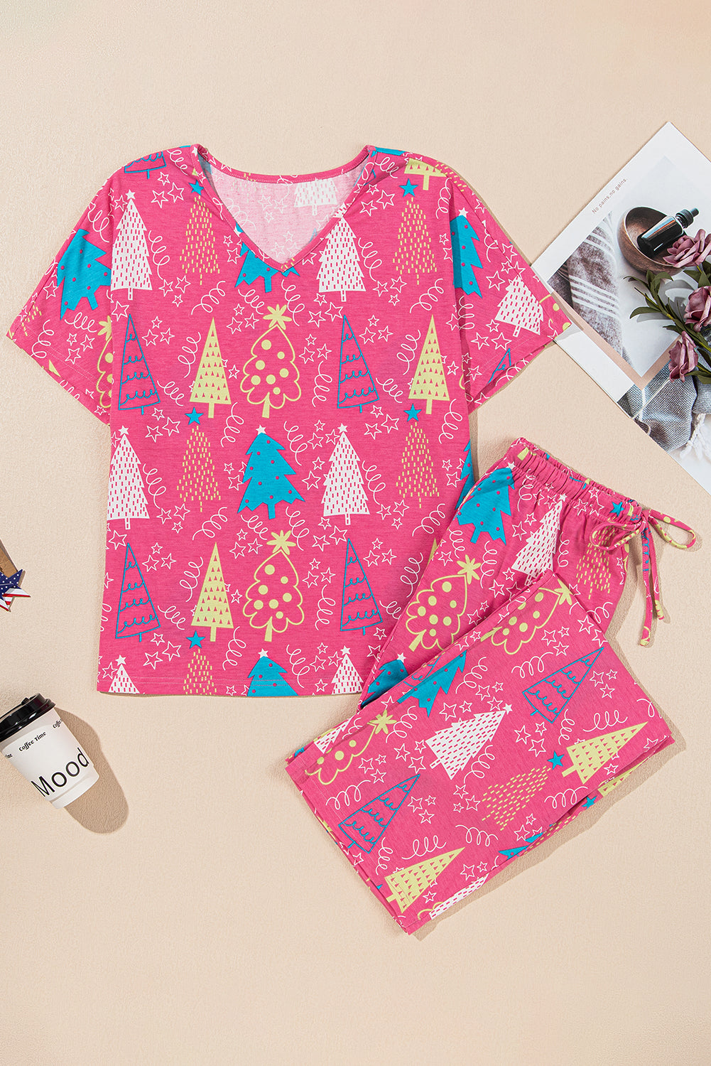 Christmas Tree V-Neck Tee and Pants Lounge Set