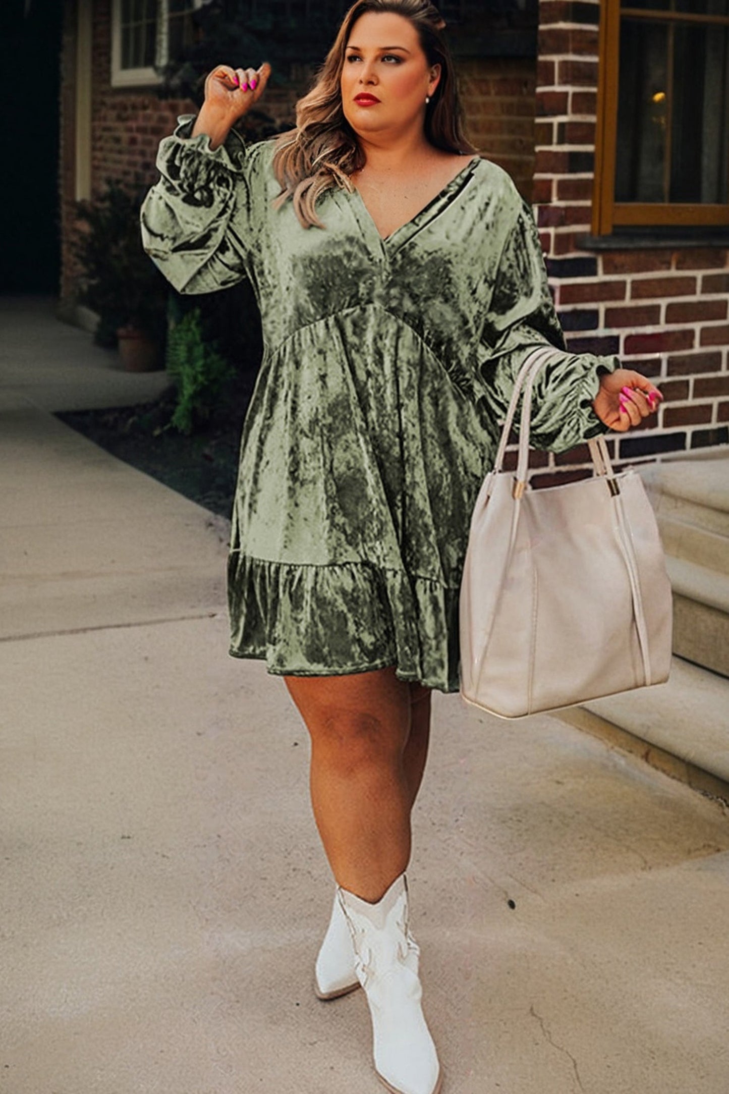 Plus Size Velvet Puff Sleeve Babydoll Mini Dress
