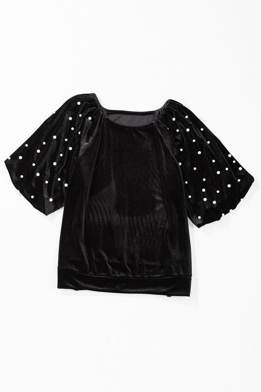 Velvet Pearl Beaded Puff Sleeve Top