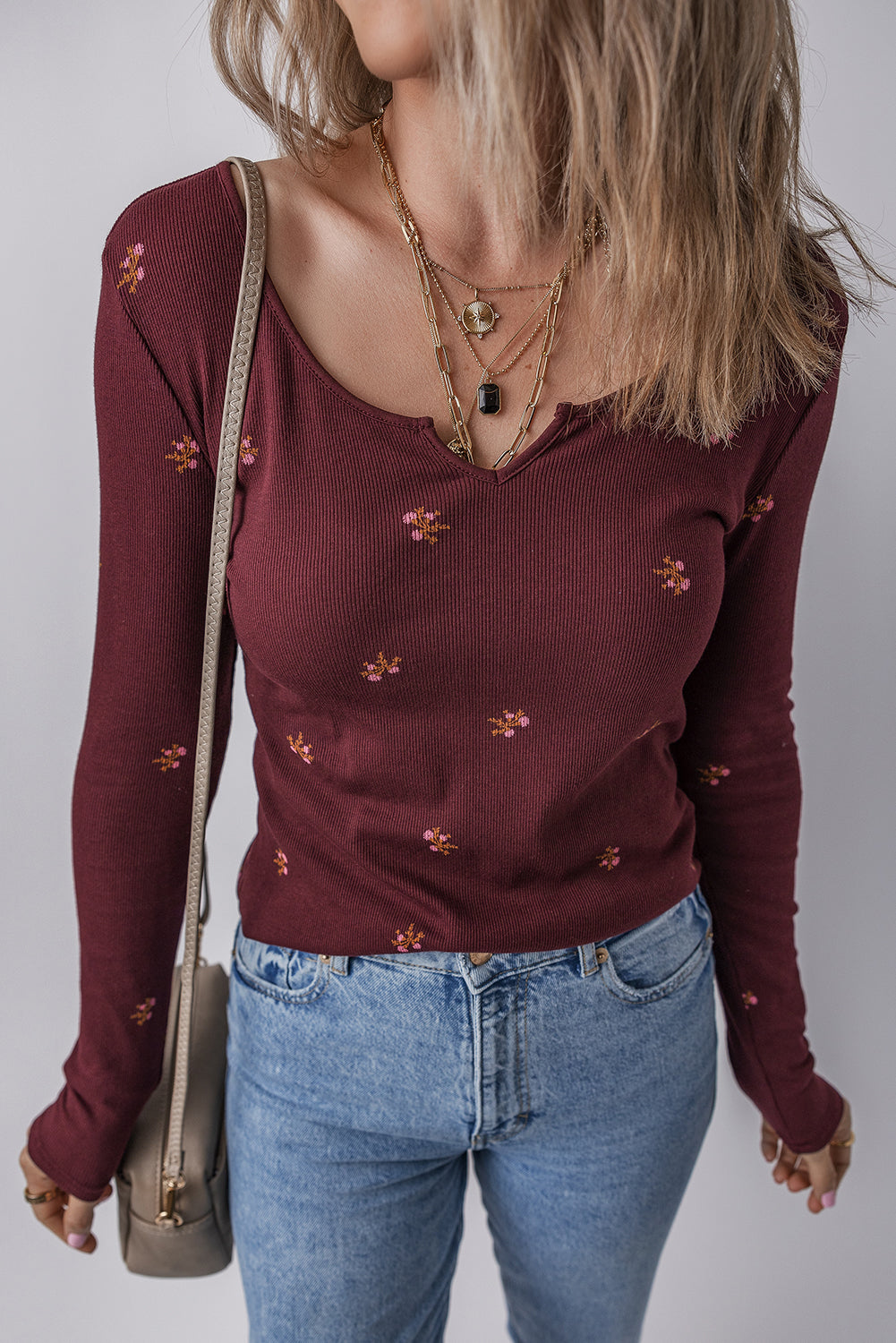 Floral Ribbed Notched Neck Long Sleeve Top