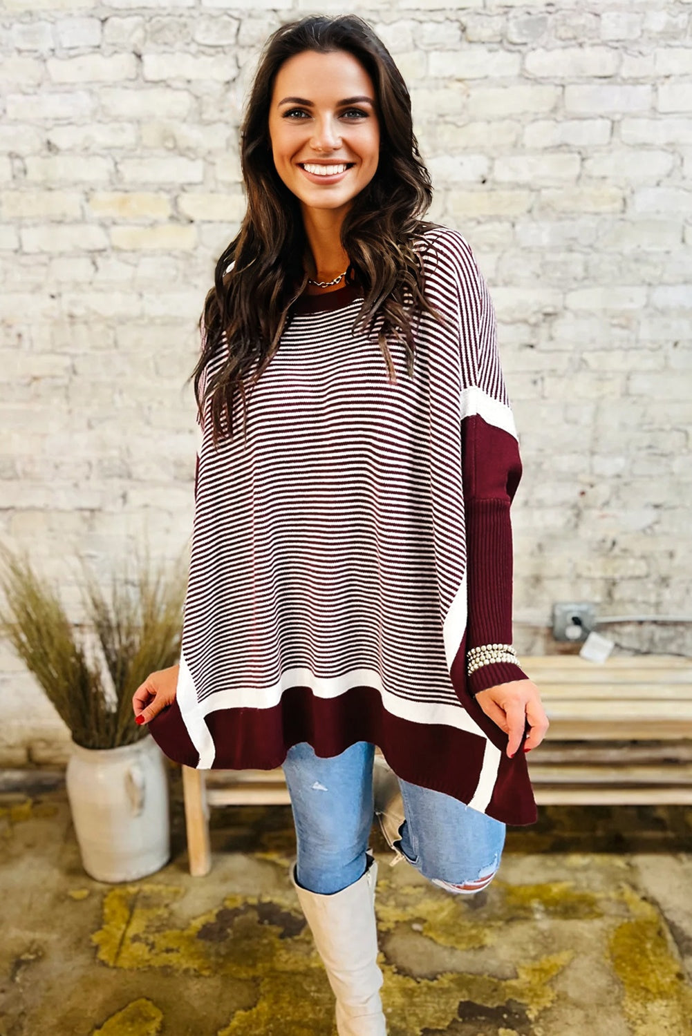 Stripe Colorblock Patchwork Dolman Sleeve Sweater
