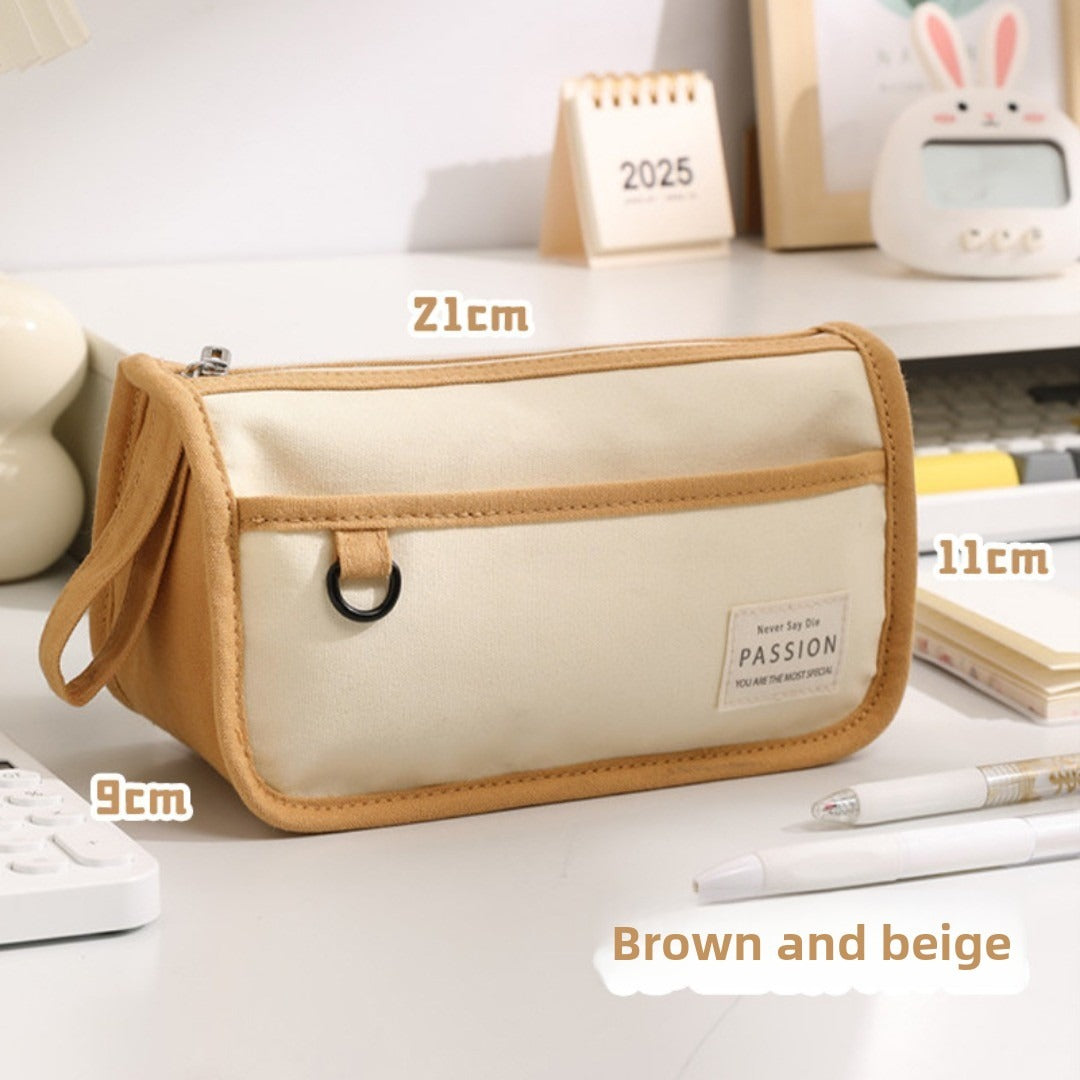 Color Matching Large-Capacity Canvas Pencil Case - Double-Layer Simple Design for Student Stationery Box
