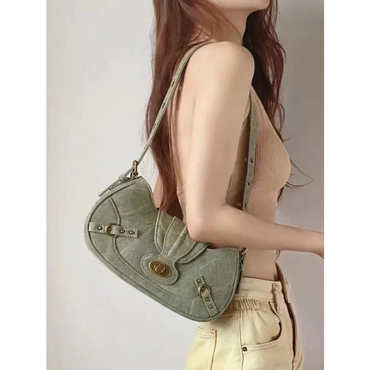 Vintage Army Green Splicing Armpit Bag – Stylish Small Shoulder Purse, Versatile Spring Spice Girl Bag & Handbag  hobo