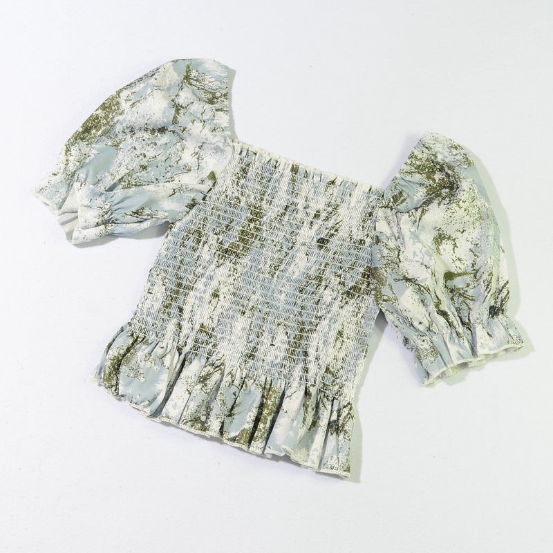 Slim Blouse French Style Tops Leaves Flower Print  Shirt women Elastic Body women's clothing official