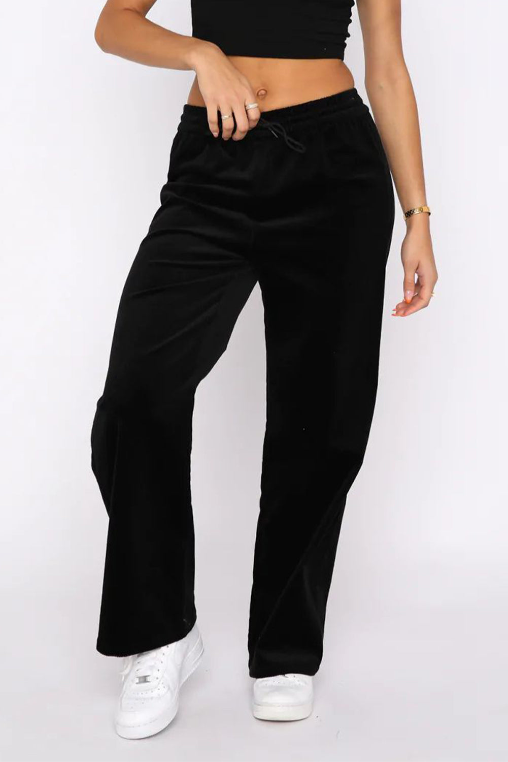 Solid Drawstring Waist Wide Leg Pants