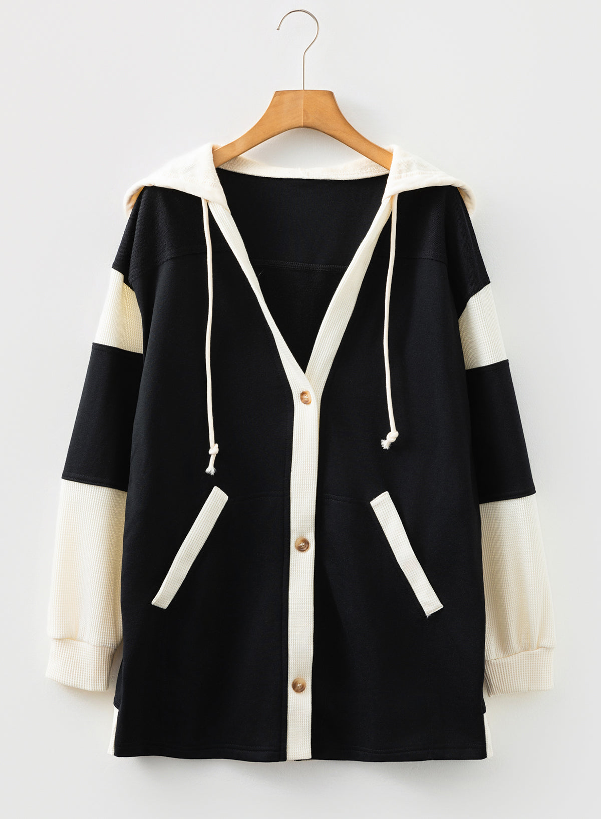 Waffle Knit Colorblock Patchwork Buttoned Hoodie
