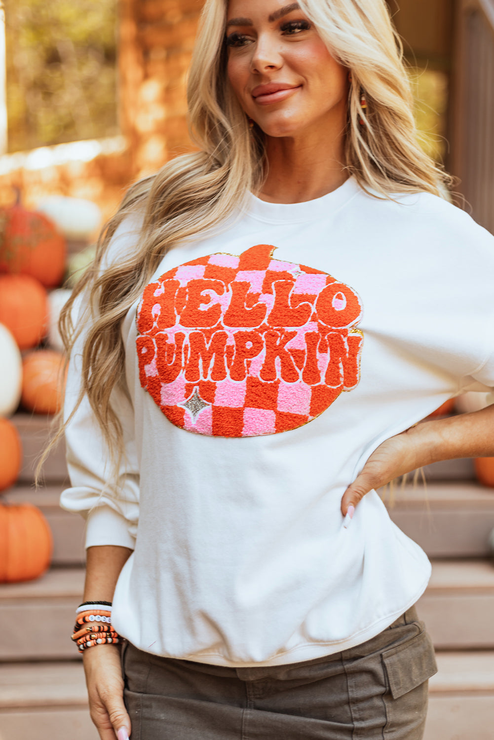 Halloween Pumpkin Terry Patched Pullover Sweatshirt