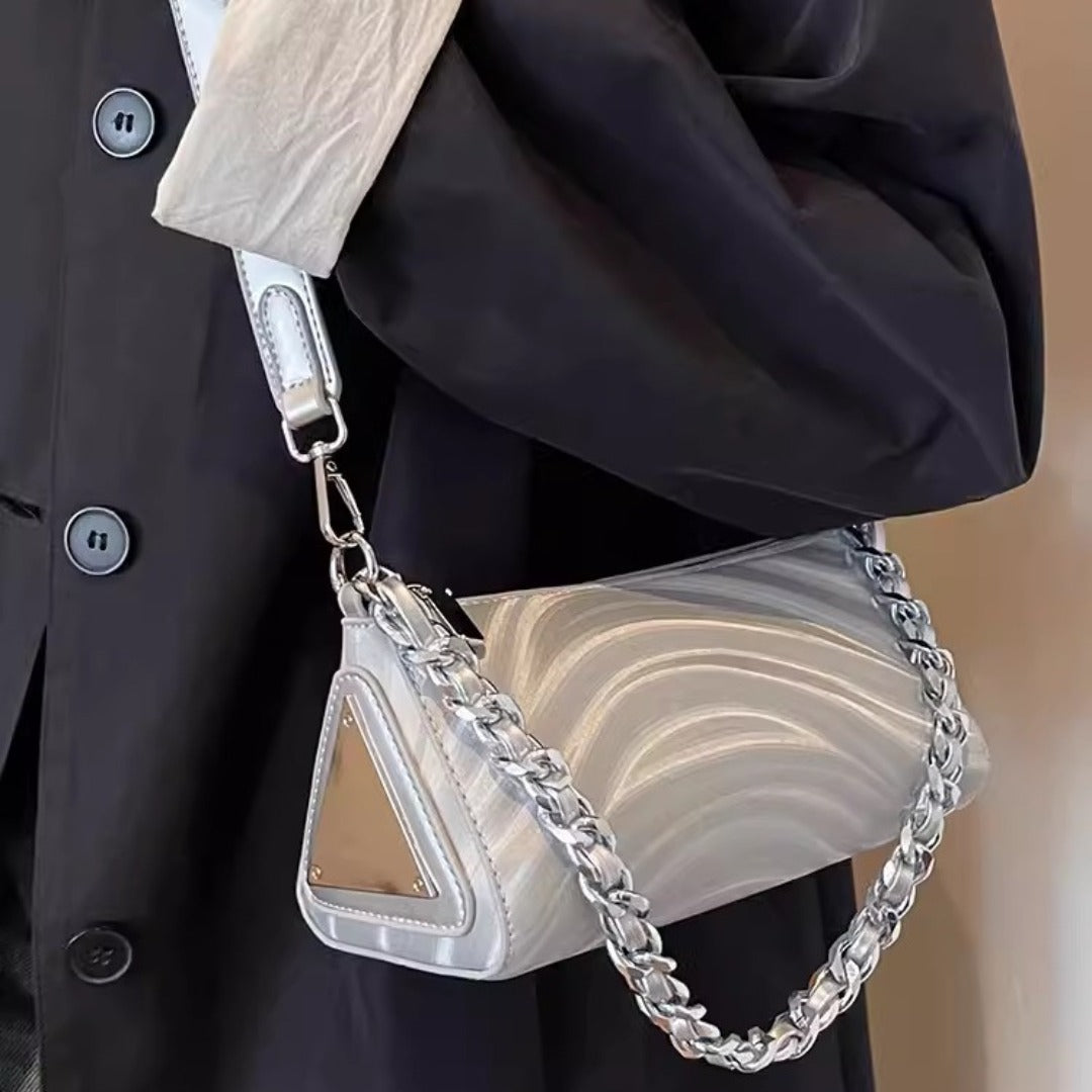 Women's versatile design crossbody bag, chain silver shoulder bag, small metallic purse crossbody