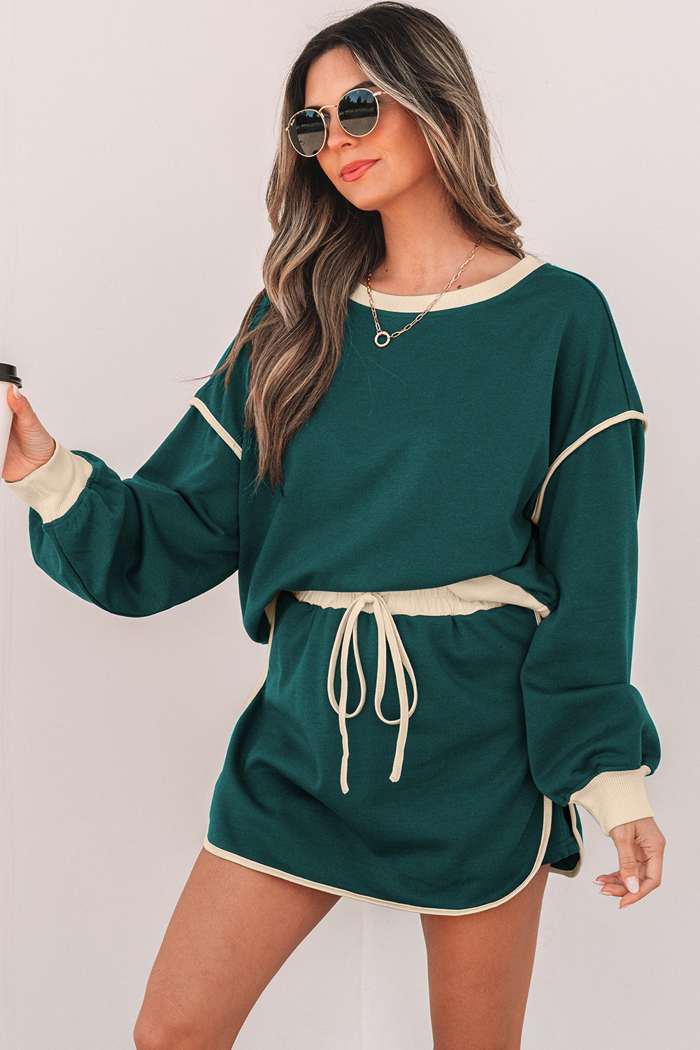Colorblock Long Sleeve Top and Skort Set