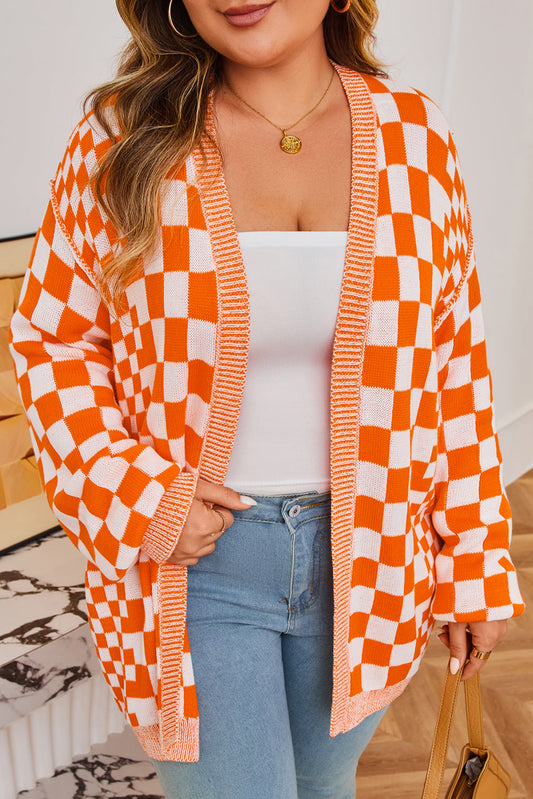 Plus Size Checker Drop Shoulder Open Front Cardigan