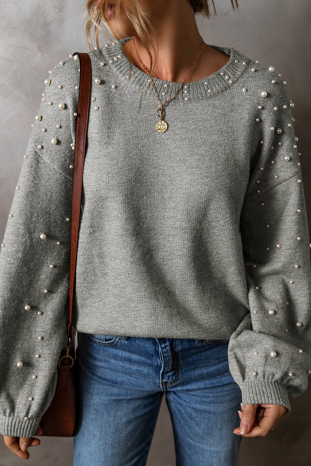 Solid Pearl Drop Shoulder Round Neck Sweater