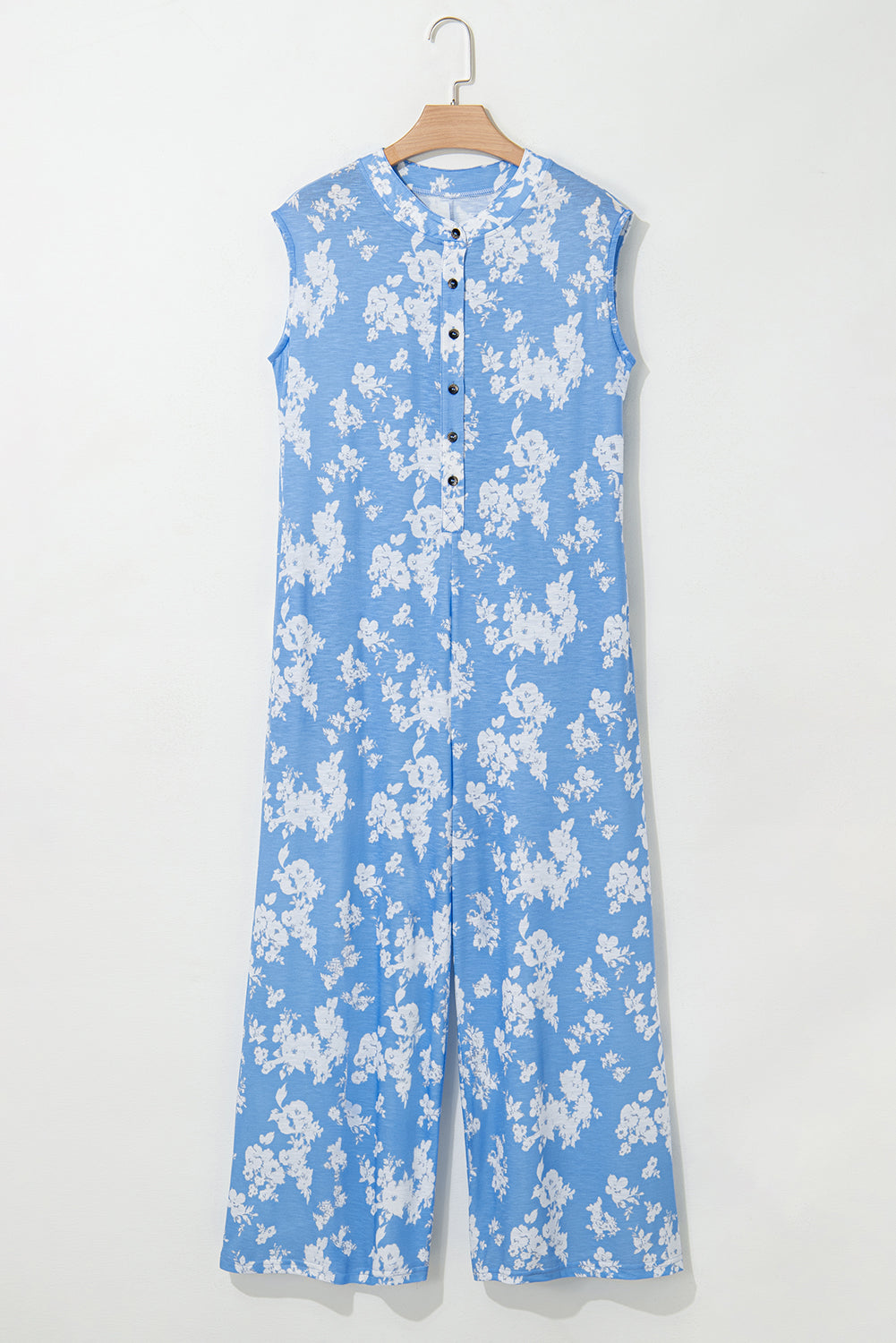 Floral Half-Button Sleeveless Wide Leg Jumpsuit