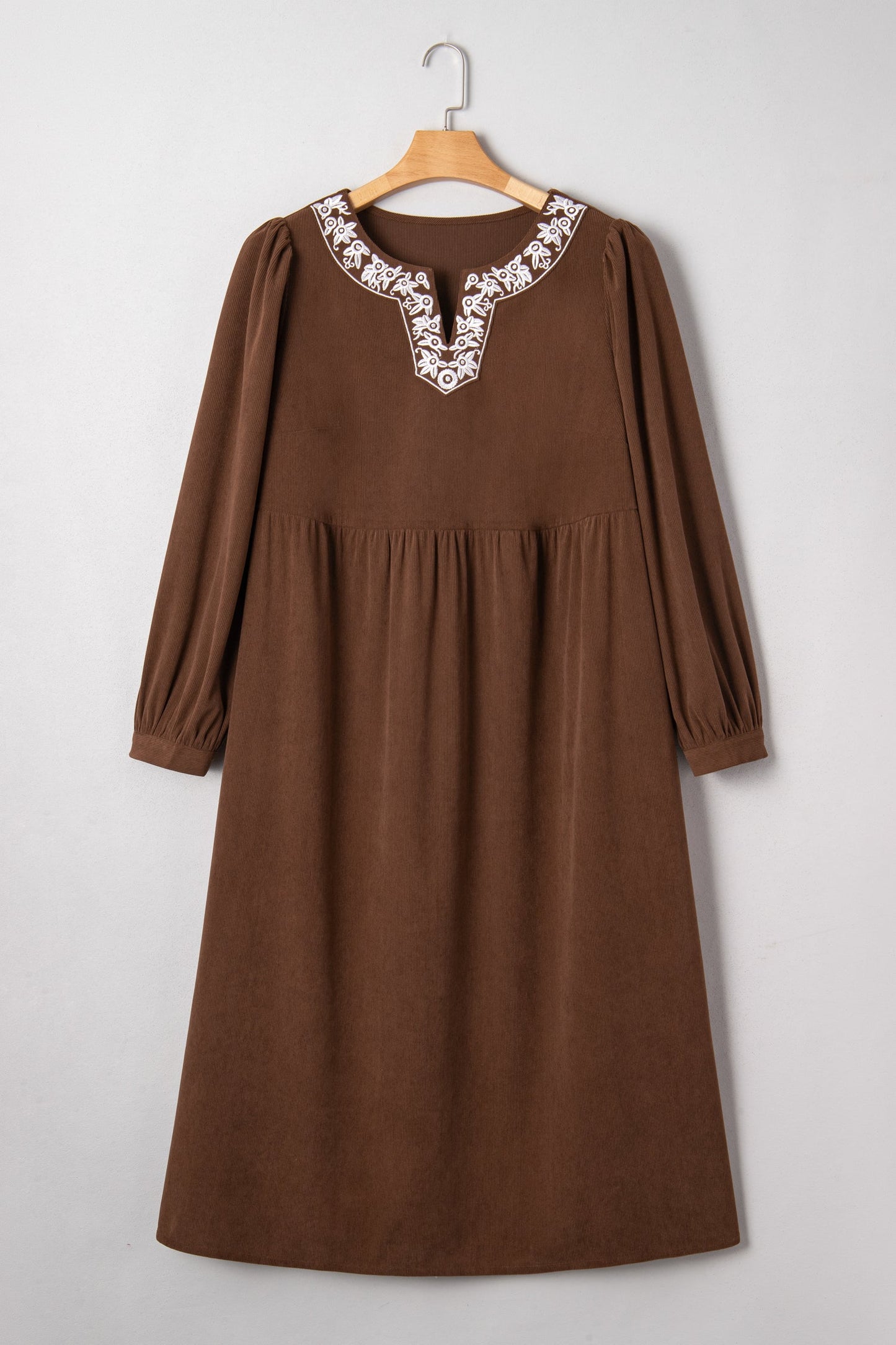 Plus Size Textured Corduroy Embroidered Neckline Midi Dress