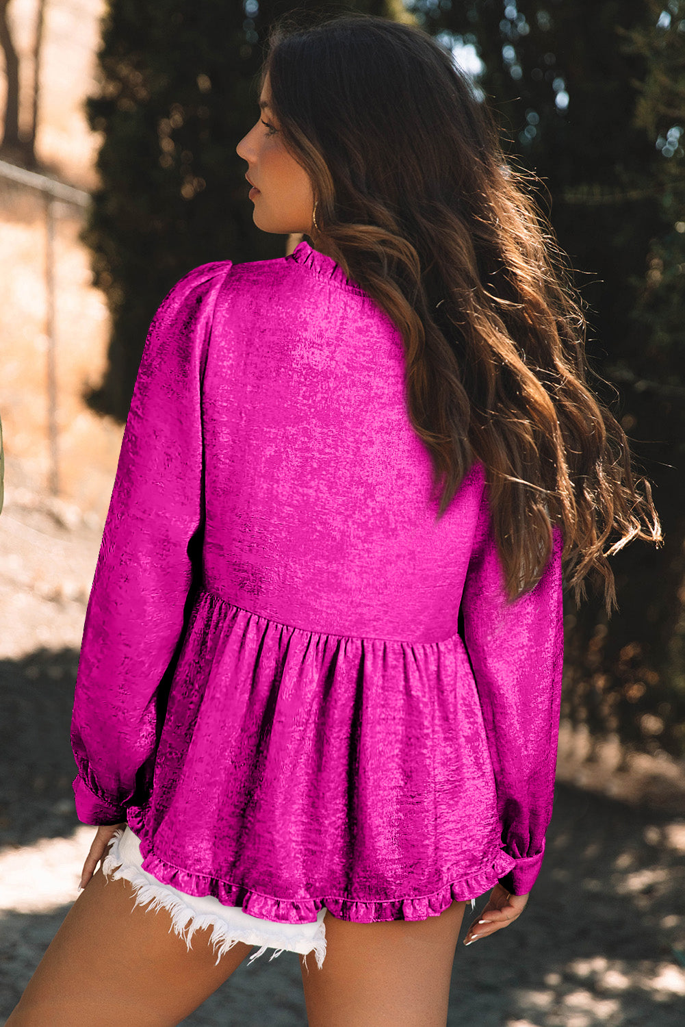 Solid Metallic V-Neck Puff Sleeve Babydoll Blouse